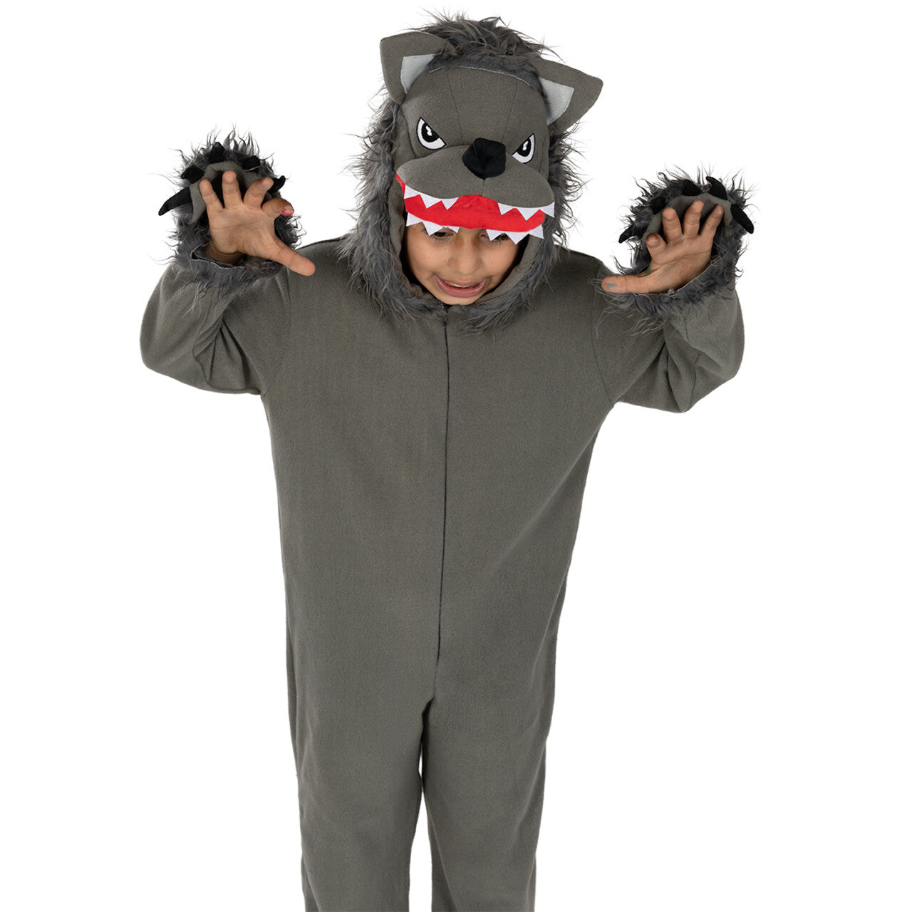 Op deze afbeelding zie je een Kostuums, van het merk Funidelia. De Kleine Grijze Wolf Kind Kostuum