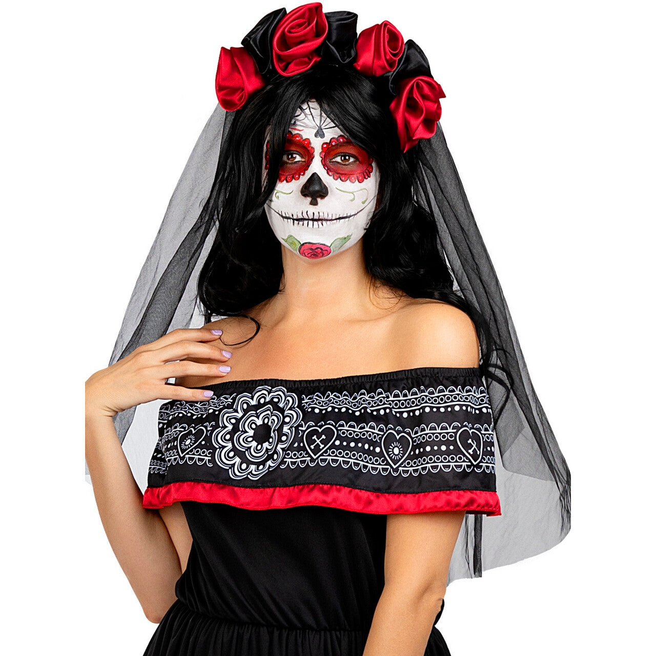 Op deze afbeelding zie je een Accessoires, van het merk Funidelia. Sluier Met Zwarte En Rode Rozen