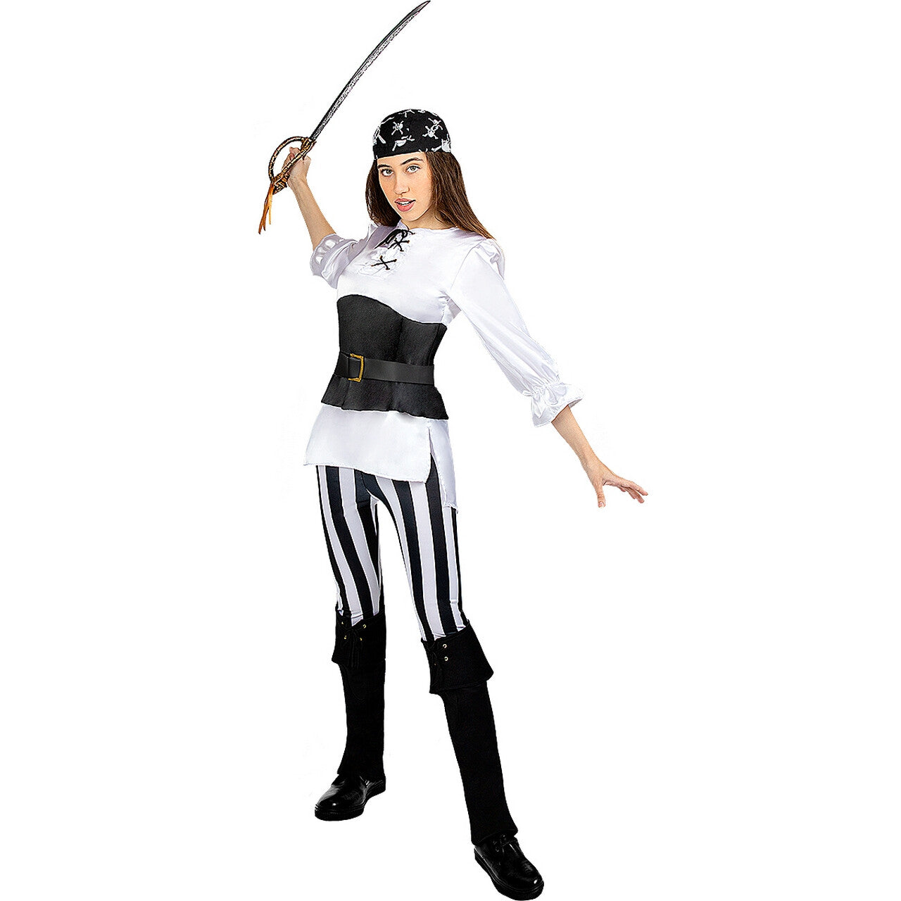 Op deze afbeelding zie je een Kostuums, van het merk Funidelia. Onverschrokken Zwart-Wit Gestreept Piraten Vrouw Kostuum