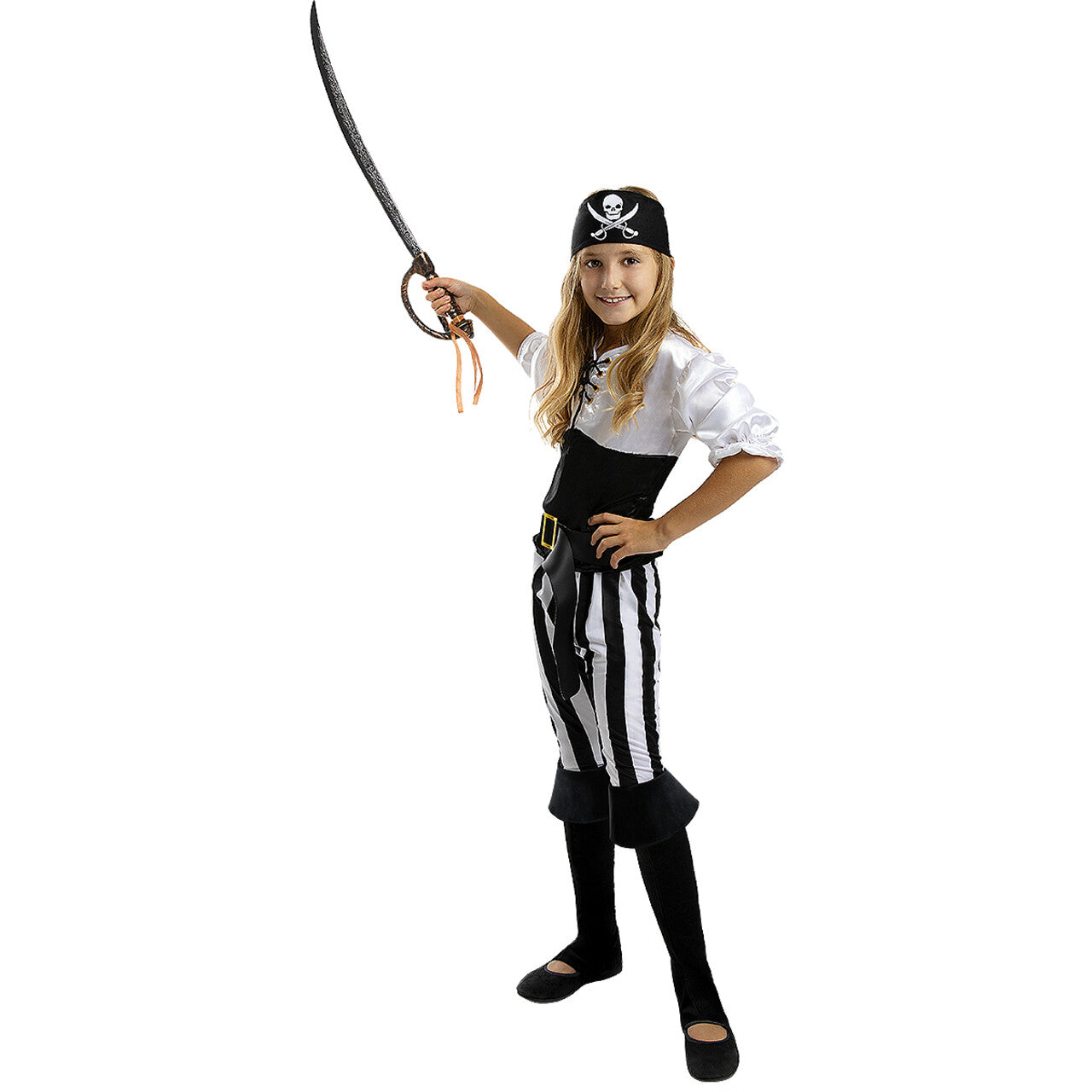 Op deze afbeelding zie je een Kostuums, van het merk Funidelia. Onverschrokken Zwart-Wit Gestreept Piraten Meisje Kostuum