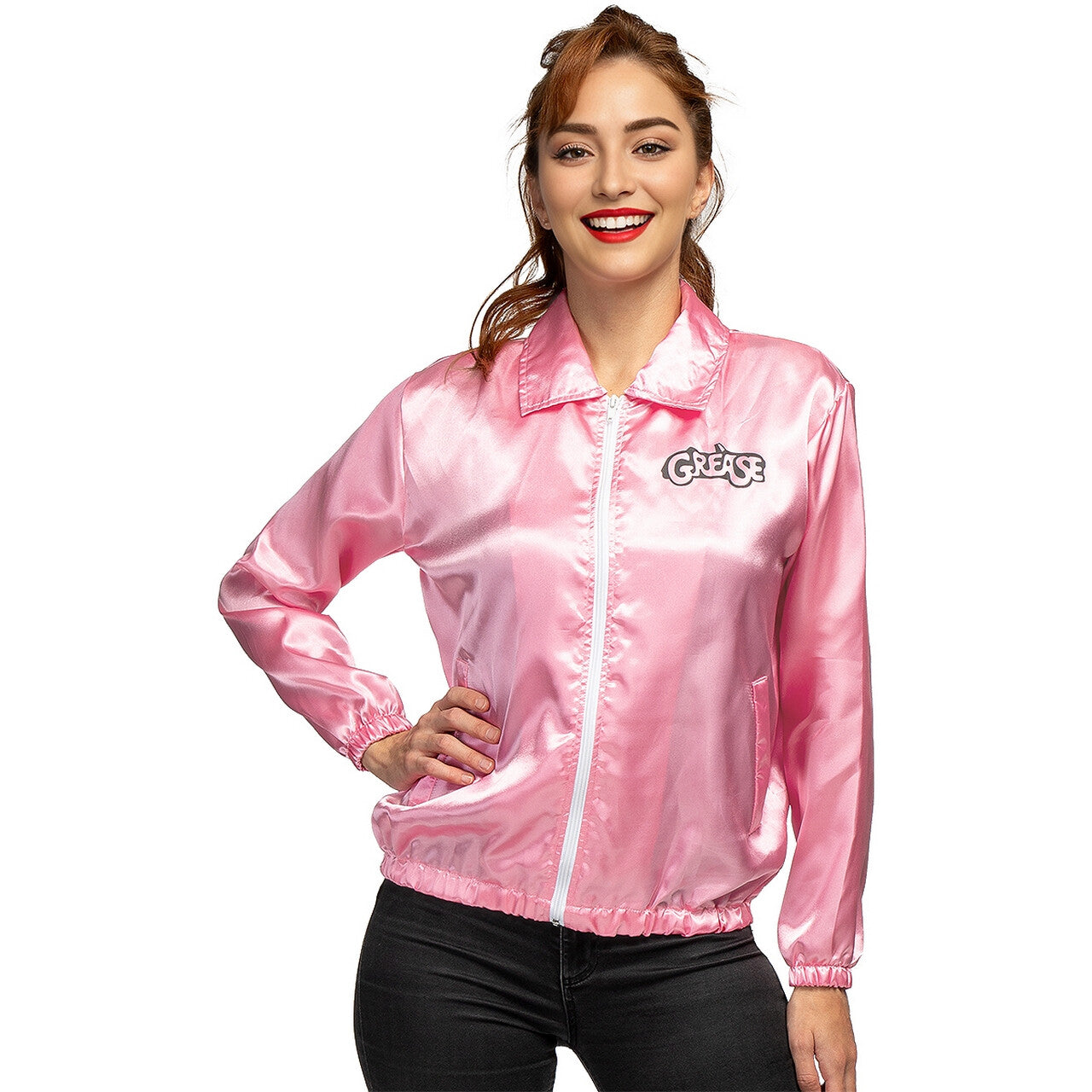 Op deze afbeelding zie je een Kostuums, van het merk Funidelia. Grease Pink Ladies Jas Roze Vrouw