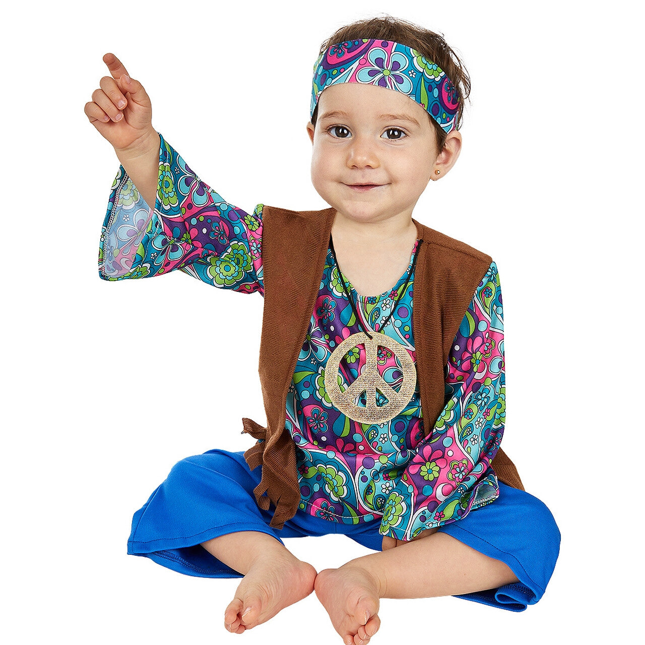 Op deze afbeelding zie je een Kostuums, van het merk Funidelia. Hippie Baby Johnny Kind Kostuum