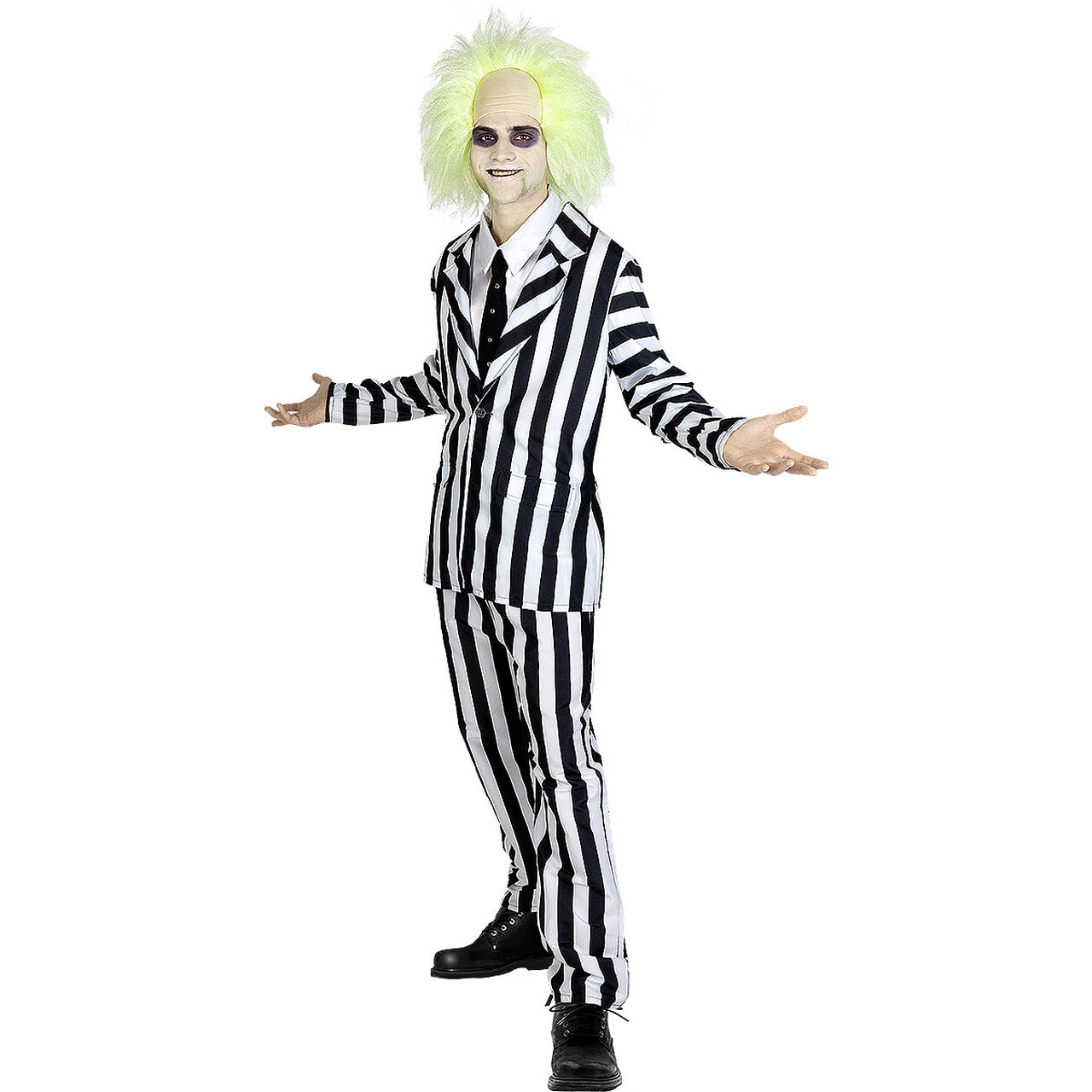 Op deze afbeelding zie je een Kostuums, van het merk Funidelia. Beetlejuice Gangster Zwart Wit Gestreept Man Kostuum