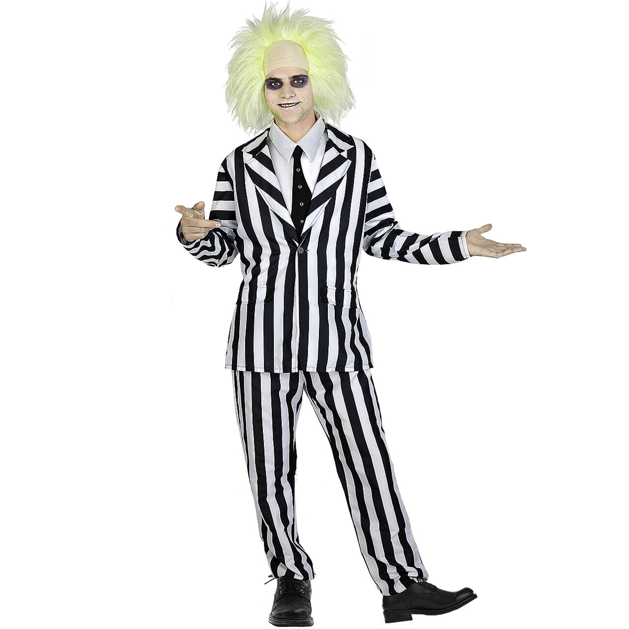 Op deze afbeelding zie je een Kostuums, van het merk Funidelia. Beetlejuice Gangster Zwart Wit Gestreept Man Kostuum