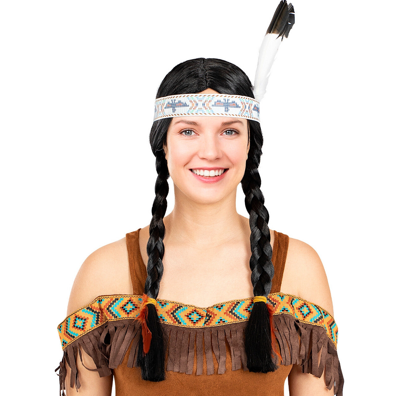 Op deze afbeelding zie je een Accessoires, van het merk Funidelia. Pruik Met Vlechten En Hoofdband Indiaan