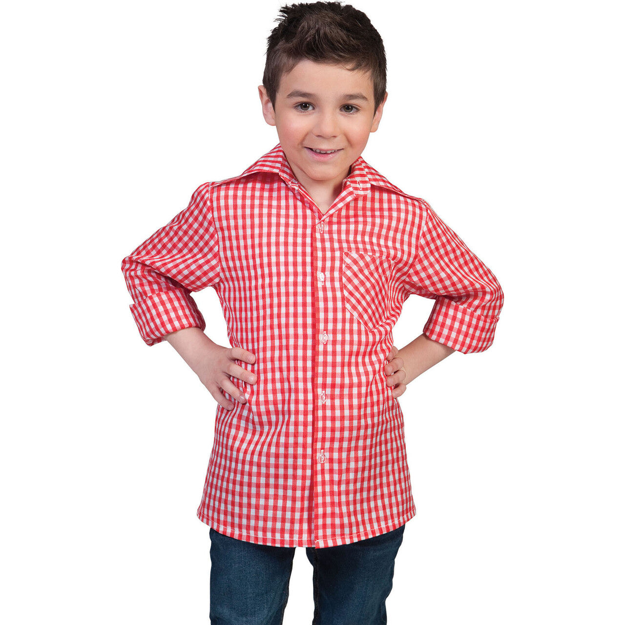 Op deze afbeelding zie je een Kostuums, van het merk Funny Fashion. Rood-Wit Geblokt Tiroler Hemd Cowboy Jongen