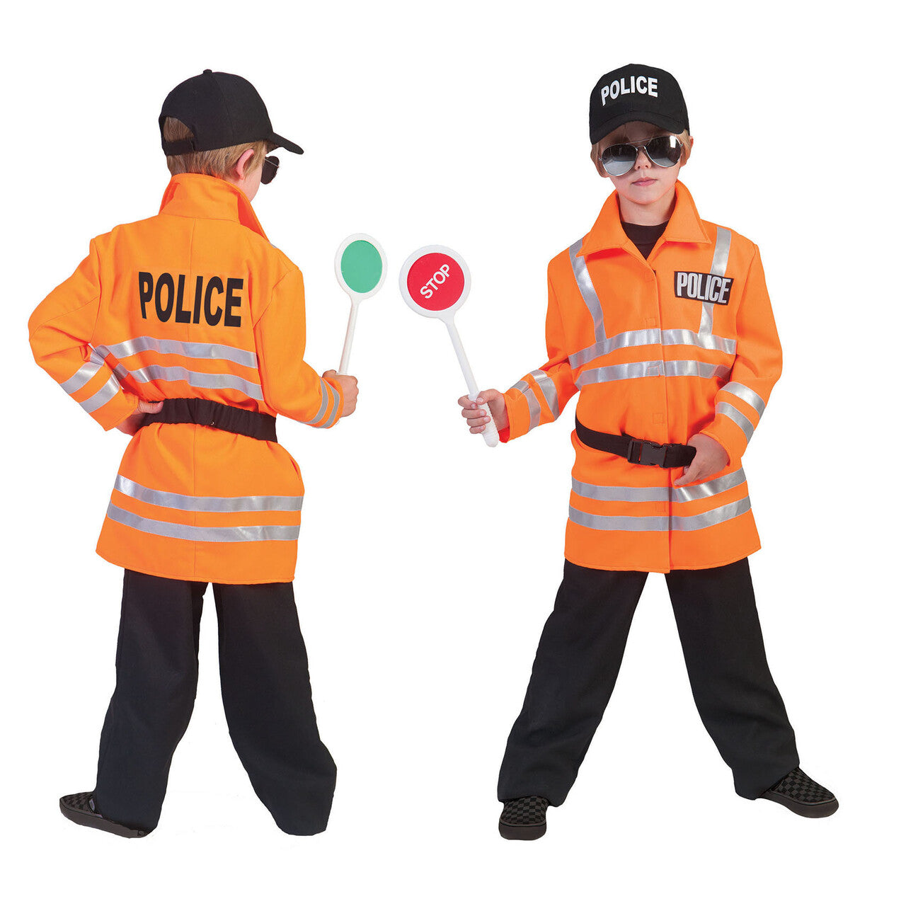 Op deze afbeelding zie je een Kostuums, van het merk Funny Fashion. Neon Oranje Politie Jongen Kostuum