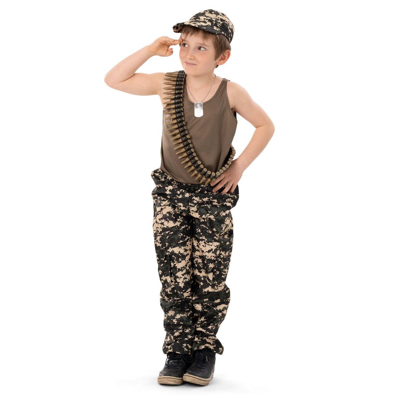Op deze afbeelding zie je een Kostuums, van het merk Funny Fashion. Army Arnold Jongen Kostuum