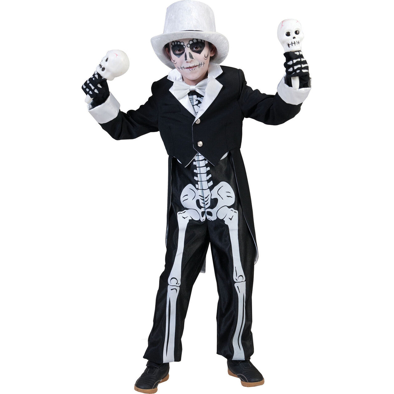 Op deze afbeelding zie je een Kostuums, van het merk Funny Fashion. Zwart Wit Skeletten Kostuum Bonny Skulla Jongen