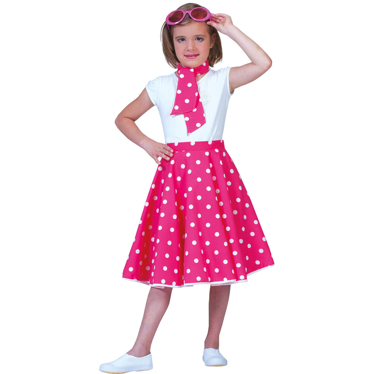 Op deze afbeelding zie je een Kostuums, van het merk Funny Fashion. Roze Fifties Rok Met Witte Stippen Voor Meisjes