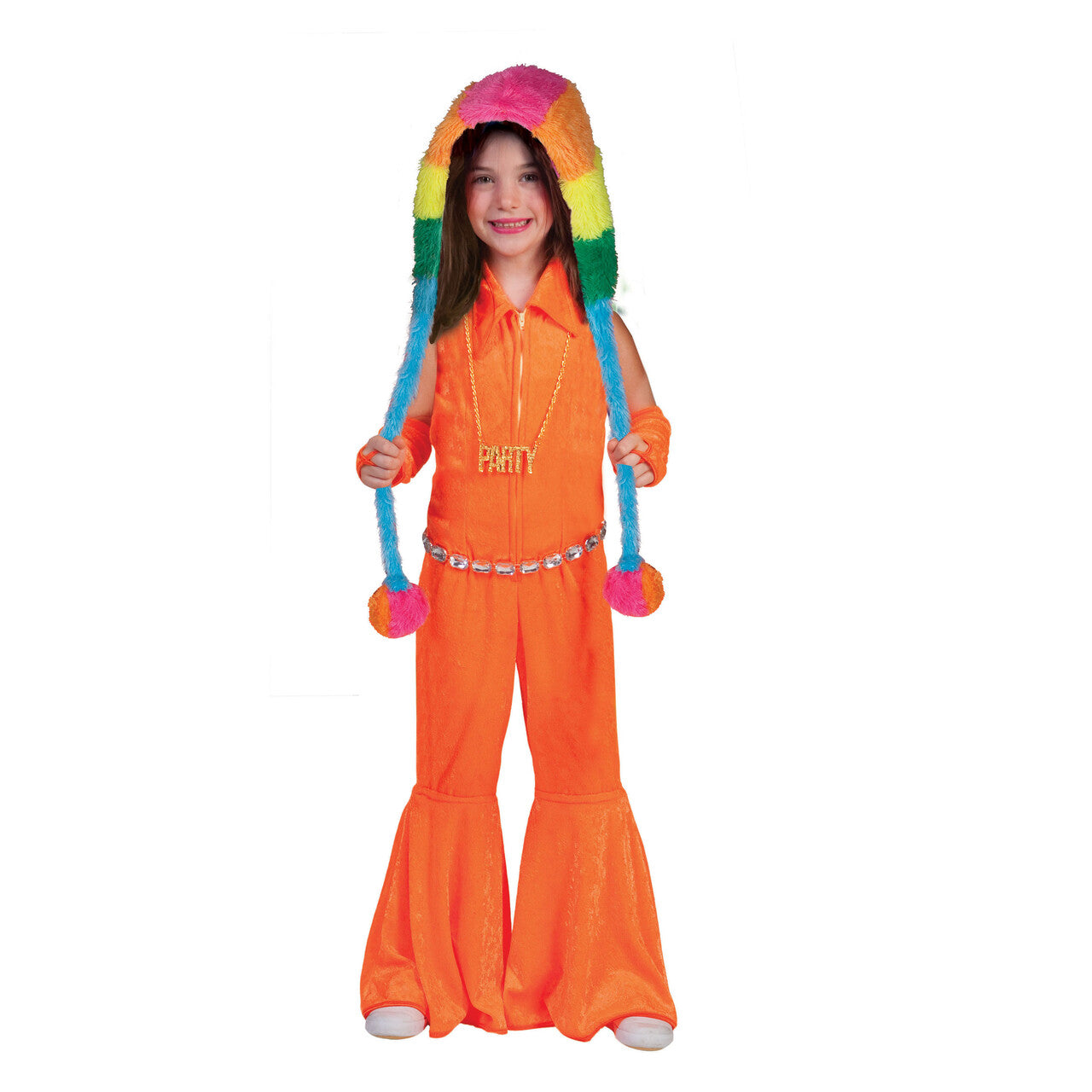 Op deze afbeelding zie je een Kostuums, van het merk Funny Fashion. Neon Oranje Overall Wijde Pijpen 60s Meisje Kostuum