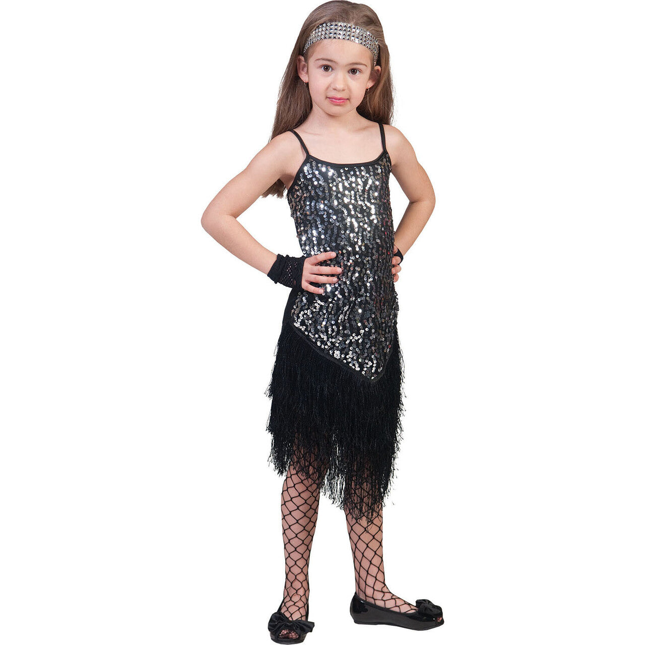 Op deze afbeelding zie je een Kostuums, van het merk Funny Fashion. Glitter Fancy Flapper Jurk Zilver Meisje