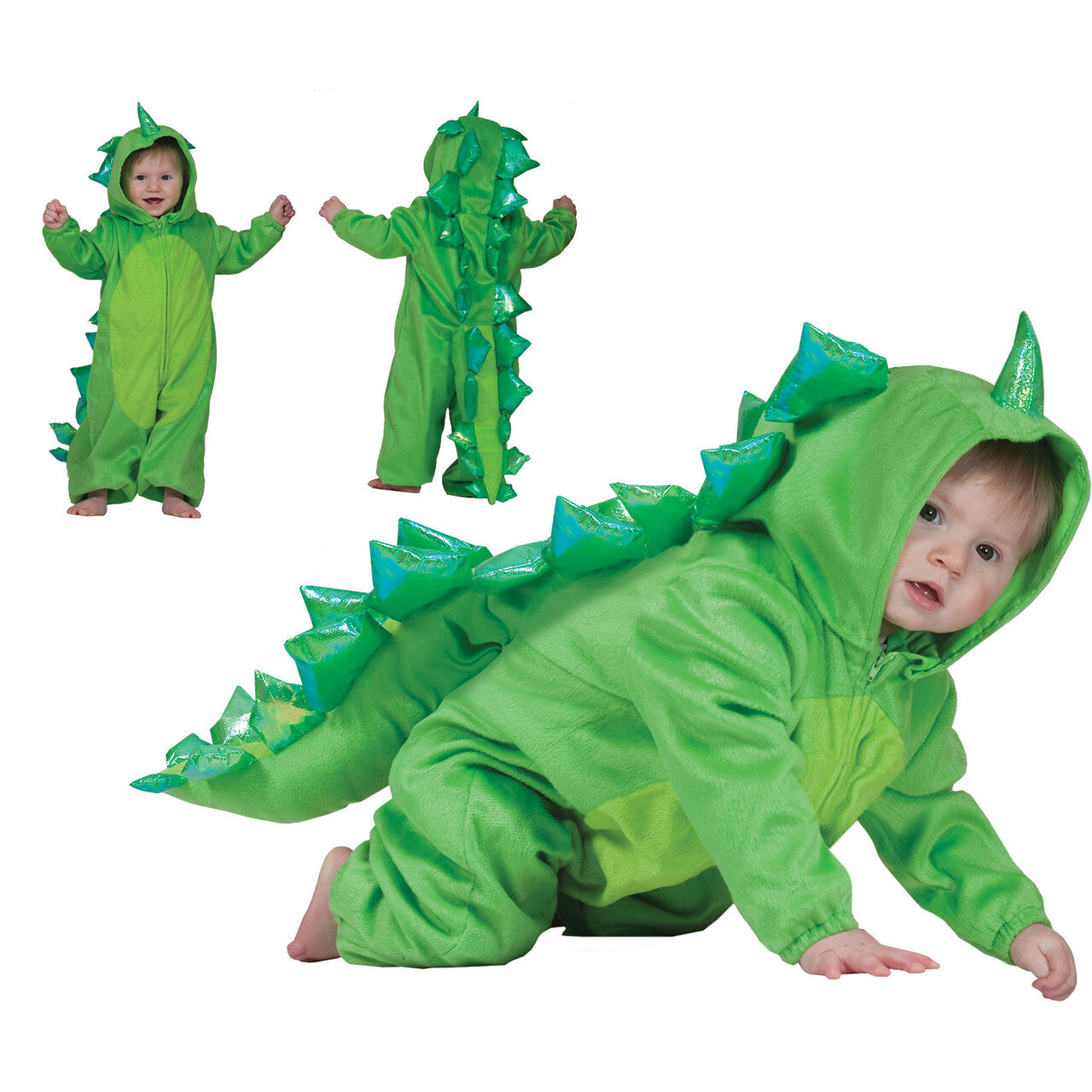 Op deze afbeelding zie je een Kostuums, van het merk Funny Fashion. Groen Dinootje Gino Kind Kostuum