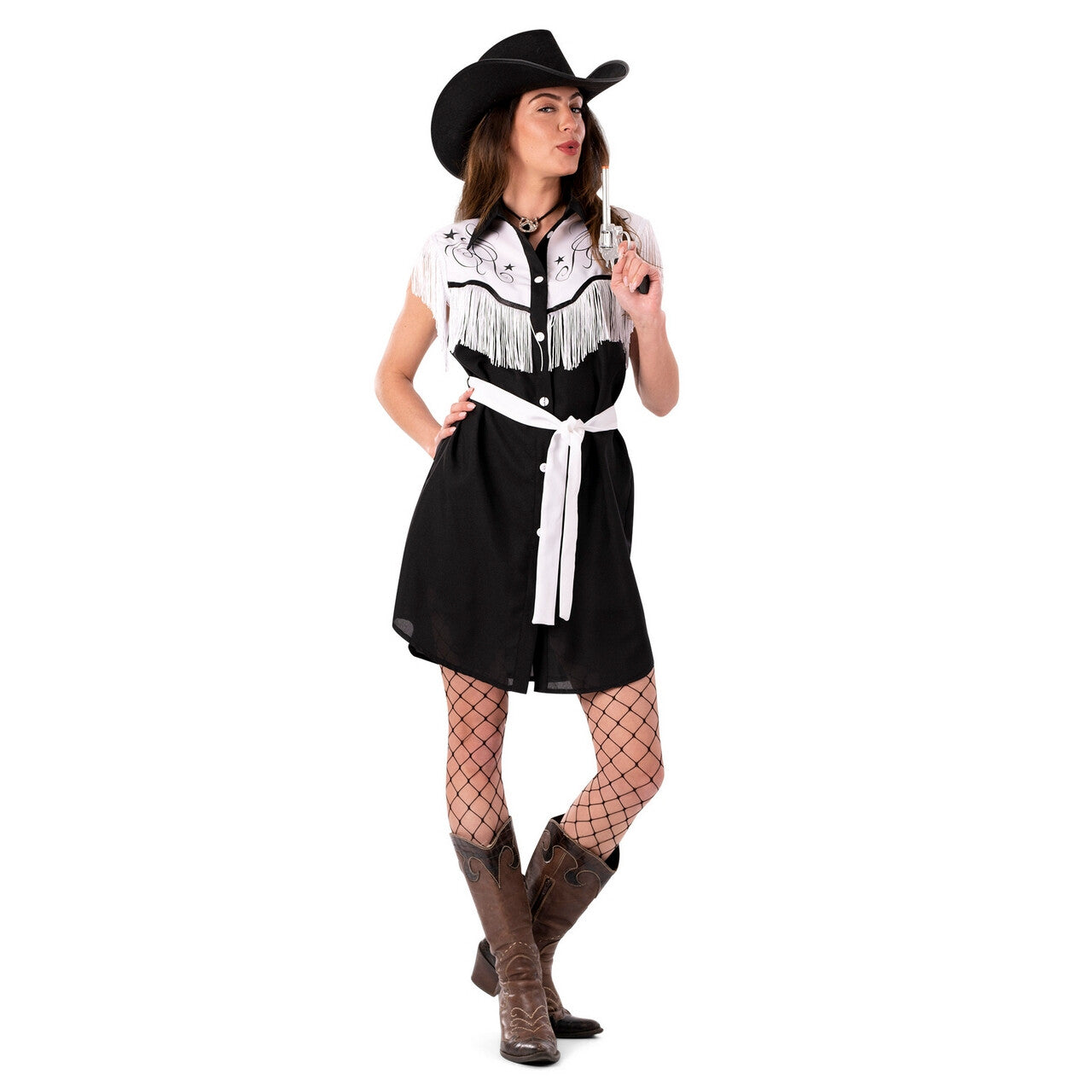 Op deze afbeelding zie je een Kostuums, van het merk Funny Fashion. Smoking Fire Cowgirl Hot Molly Vrouw Kostuum