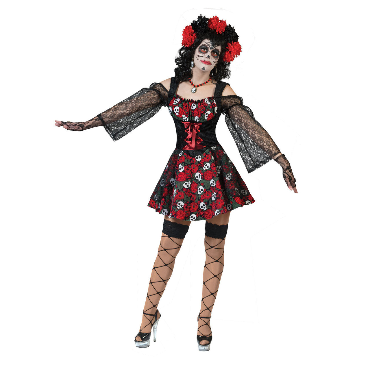 Op deze afbeelding zie je een Kostuums, van het merk Funny Fashion. Muertos Mexicanos Vrouw Kostuum