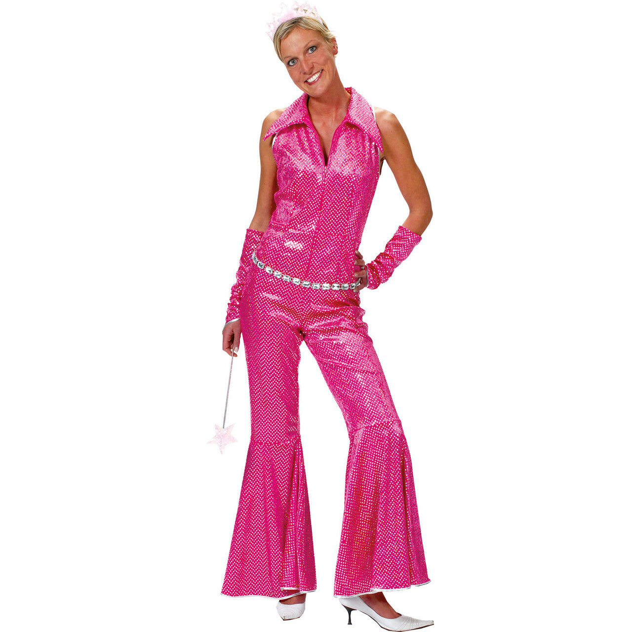 Op deze afbeelding zie je een Kostuums, van het merk Funny Fashion. Boogie Nights Roze Jumpsuit Vrouw Kostuum