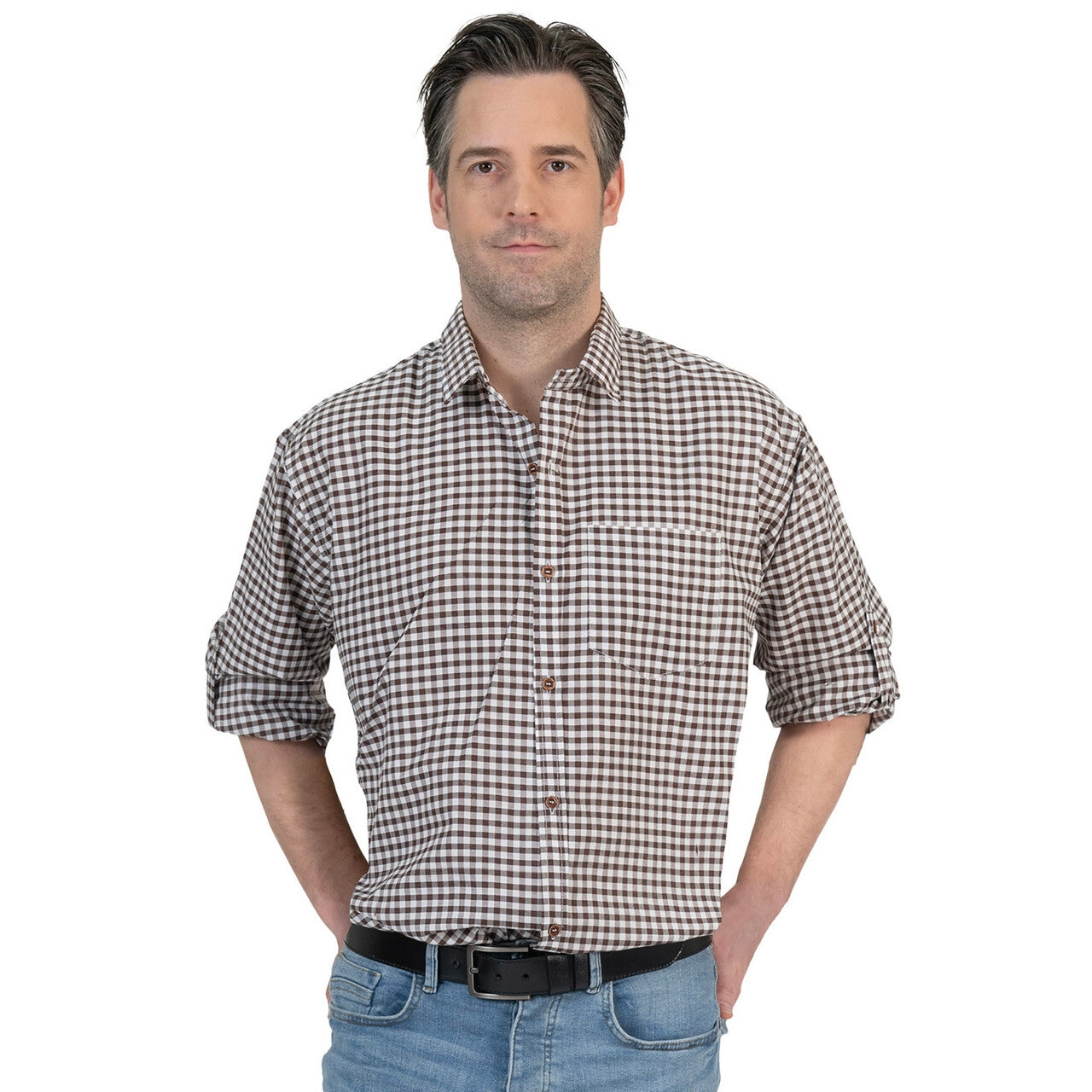 Op deze afbeelding zie je een Kostuums, van het merk Funny Fashion. Luxe Overhemd Tirol Bruin Wit Geblokt Man
