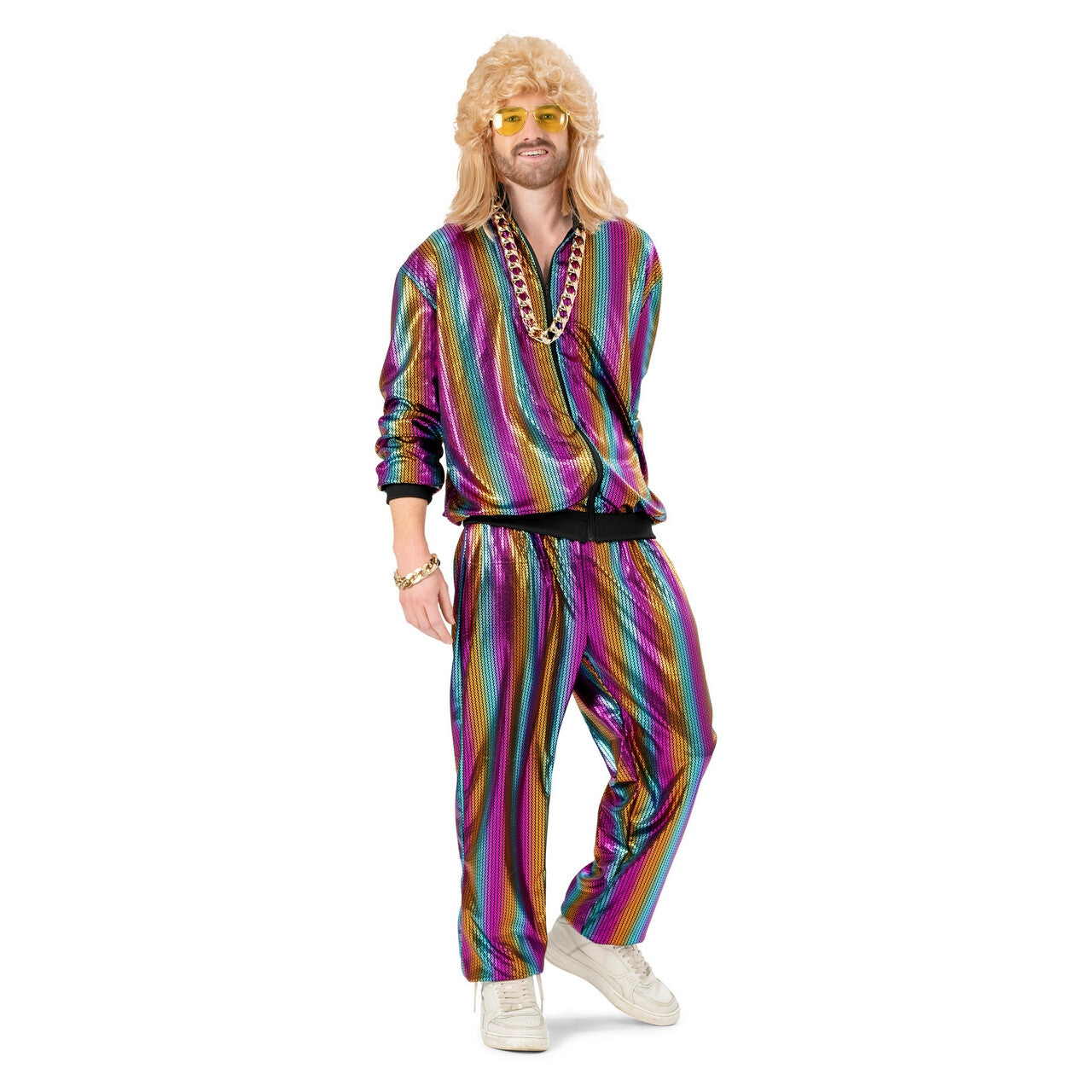Op deze afbeelding zie je een Kostuums, van het merk Funny Fashion. Rainbow Jogging Man Kostuum