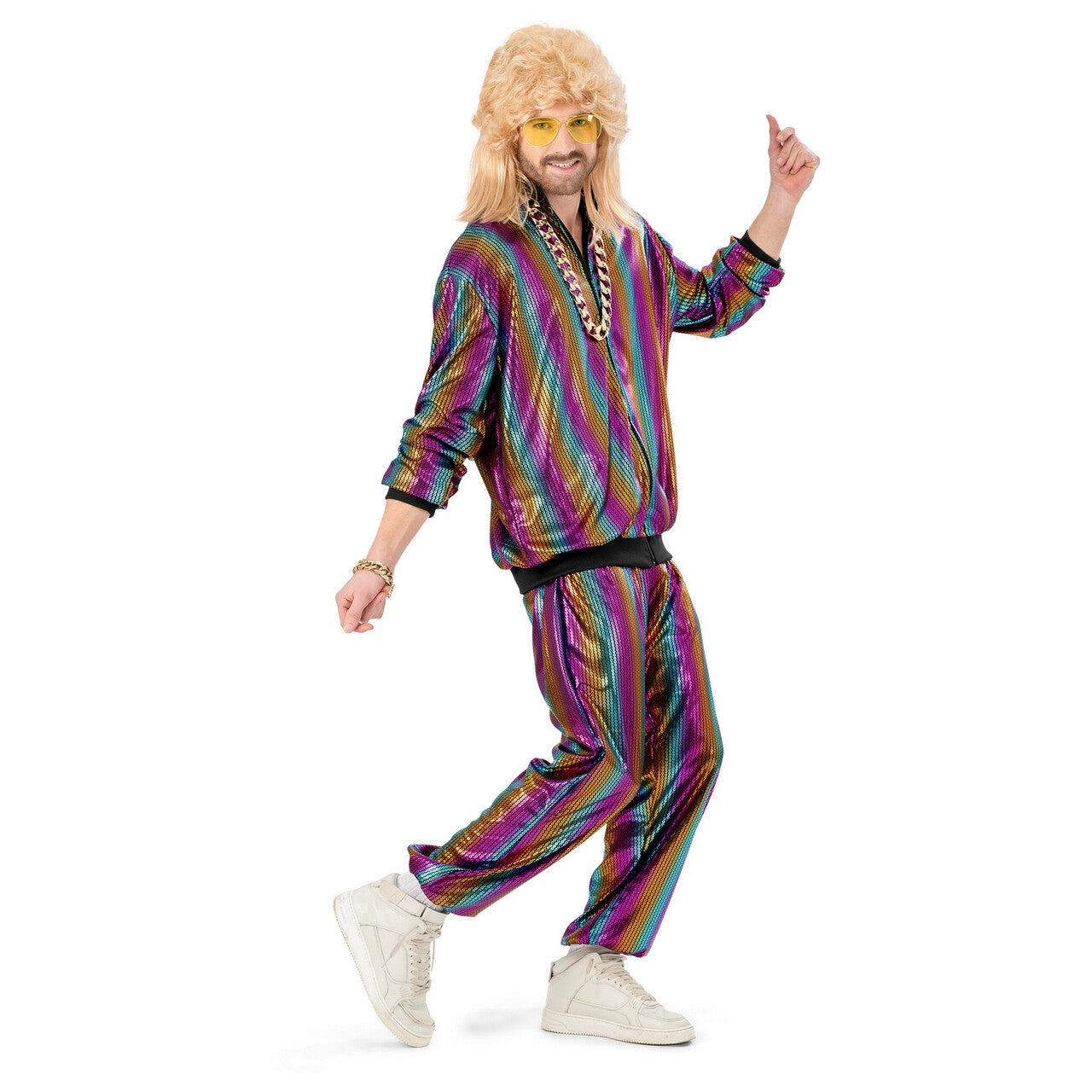 Op deze afbeelding zie je een Kostuums, van het merk Funny Fashion. Rainbow Jogging Man Kostuum