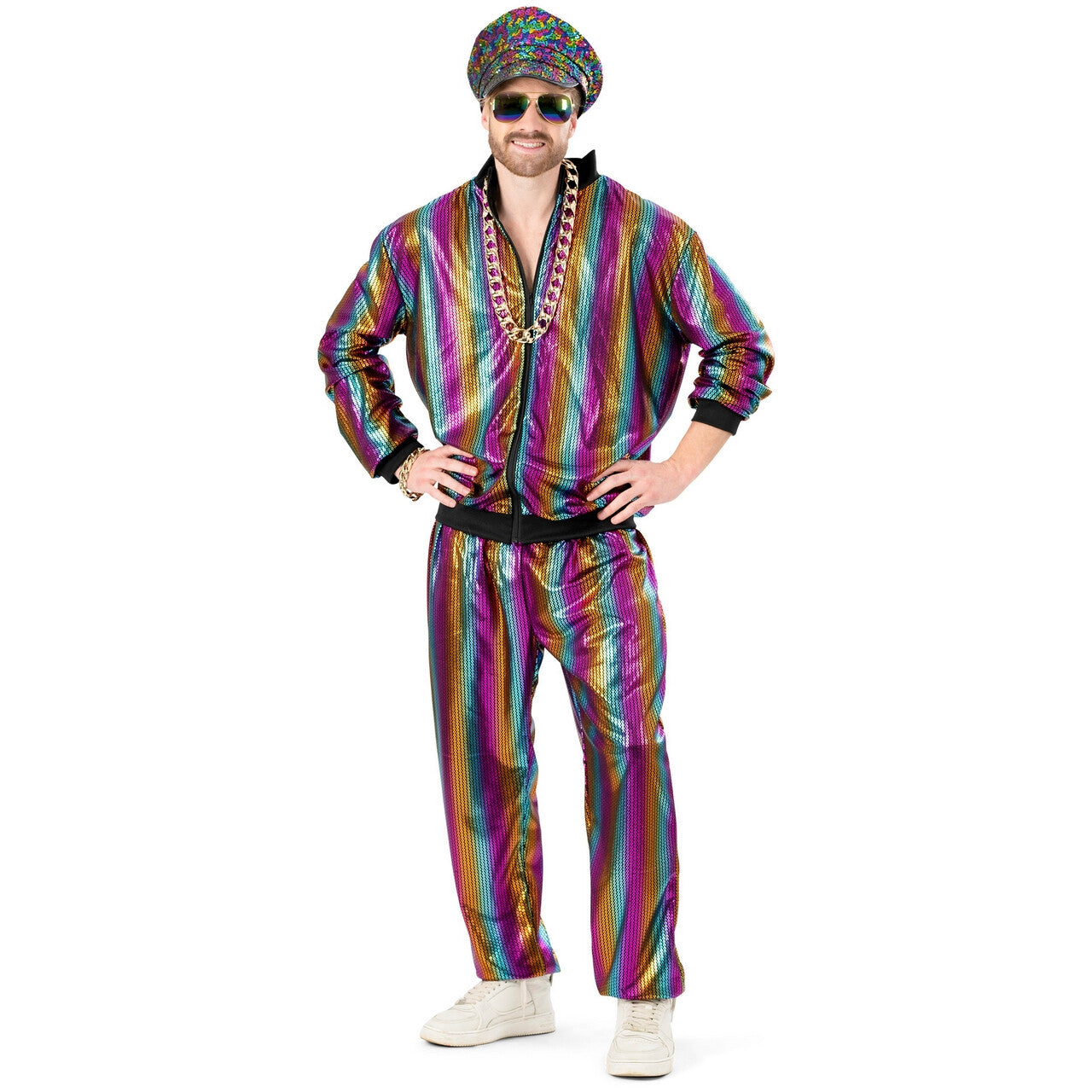 Op deze afbeelding zie je een Kostuums, van het merk Funny Fashion. Rainbow Jogging Man Kostuum