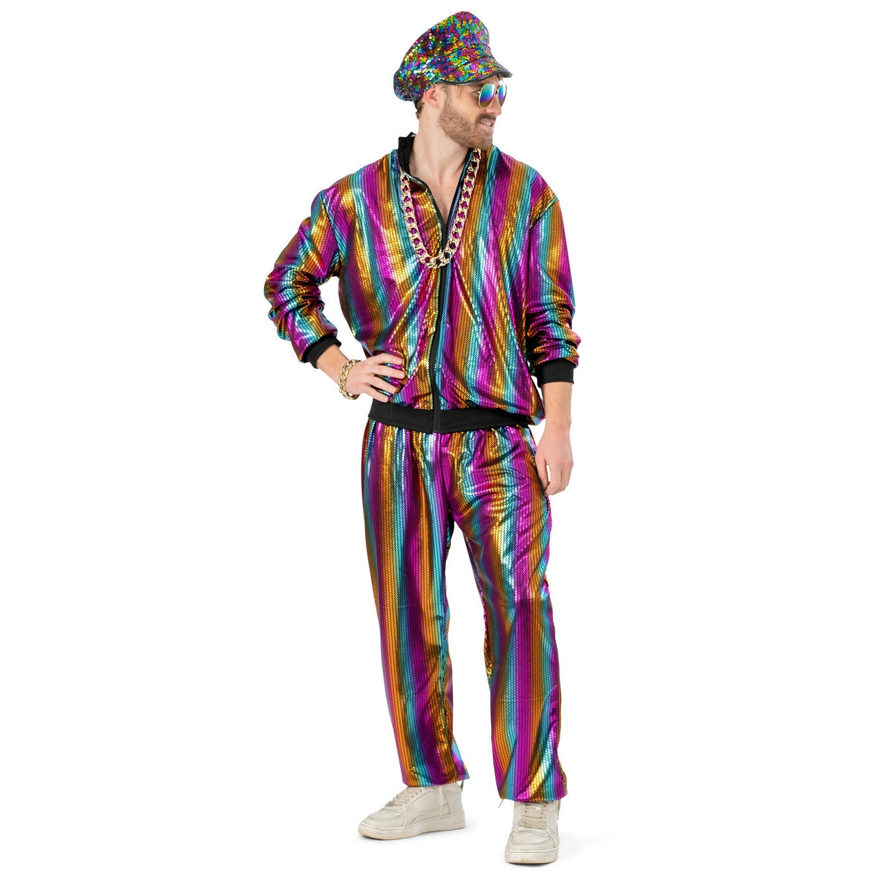 Op deze afbeelding zie je een Kostuums, van het merk Funny Fashion. Rainbow Jogging Man Kostuum