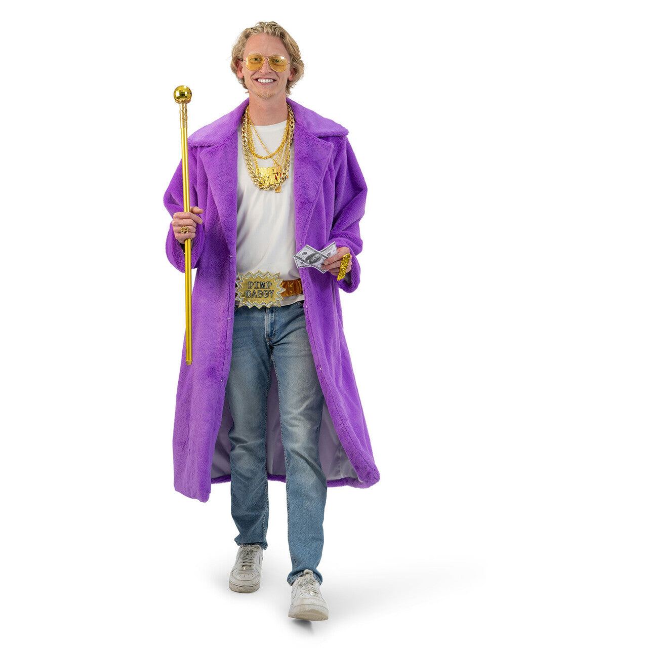 Op deze afbeelding zie je een Kostuums, van het merk Funny Fashion. Paarse Lange Fluffy Jas Mr Pimp Man