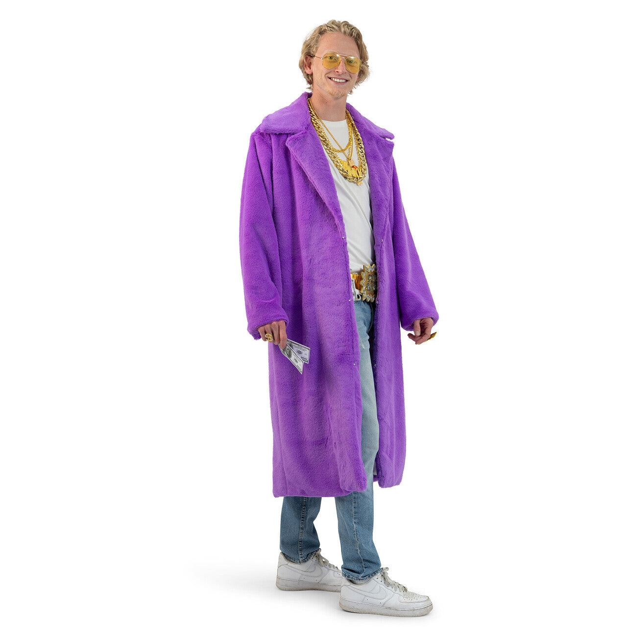 Op deze afbeelding zie je een Kostuums, van het merk Funny Fashion. Paarse Lange Fluffy Jas Mr Pimp Man