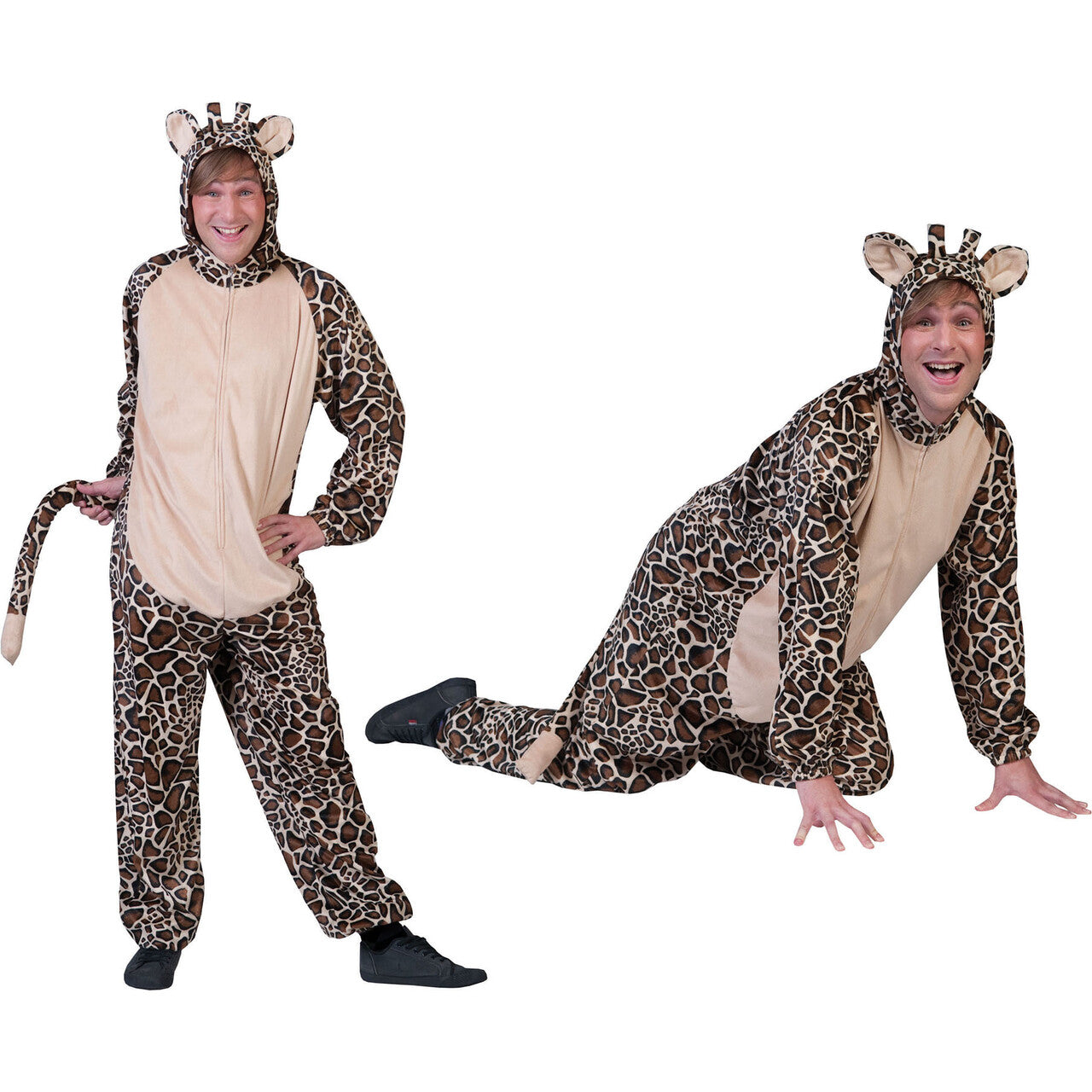 Op deze afbeelding zie je een Kostuums, van het merk Funny Fashion. Savanna Giraffe Onesie Man Kostuum