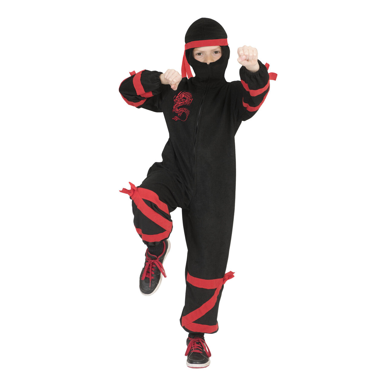 Op deze afbeelding zie je een Kostuums, van het merk Funny Fashion. Zwart-Rode Draak Ninja Jongen Kostuum