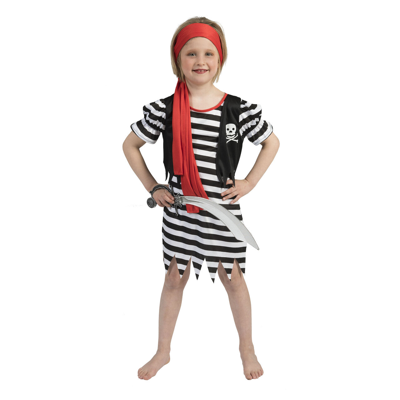 Op deze afbeelding zie je een Kostuums, van het merk Funny Fashion. Zwart Wit Gestreepte Pirate Dyonne Meisje Kostuum