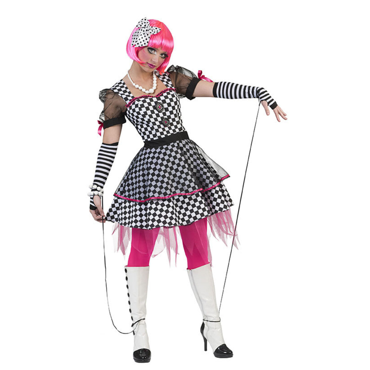 Op deze afbeelding zie je een Kostuums, van het merk Funny Fashion. Houterige Zwart Wit Marionet Vrouw Kostuum
