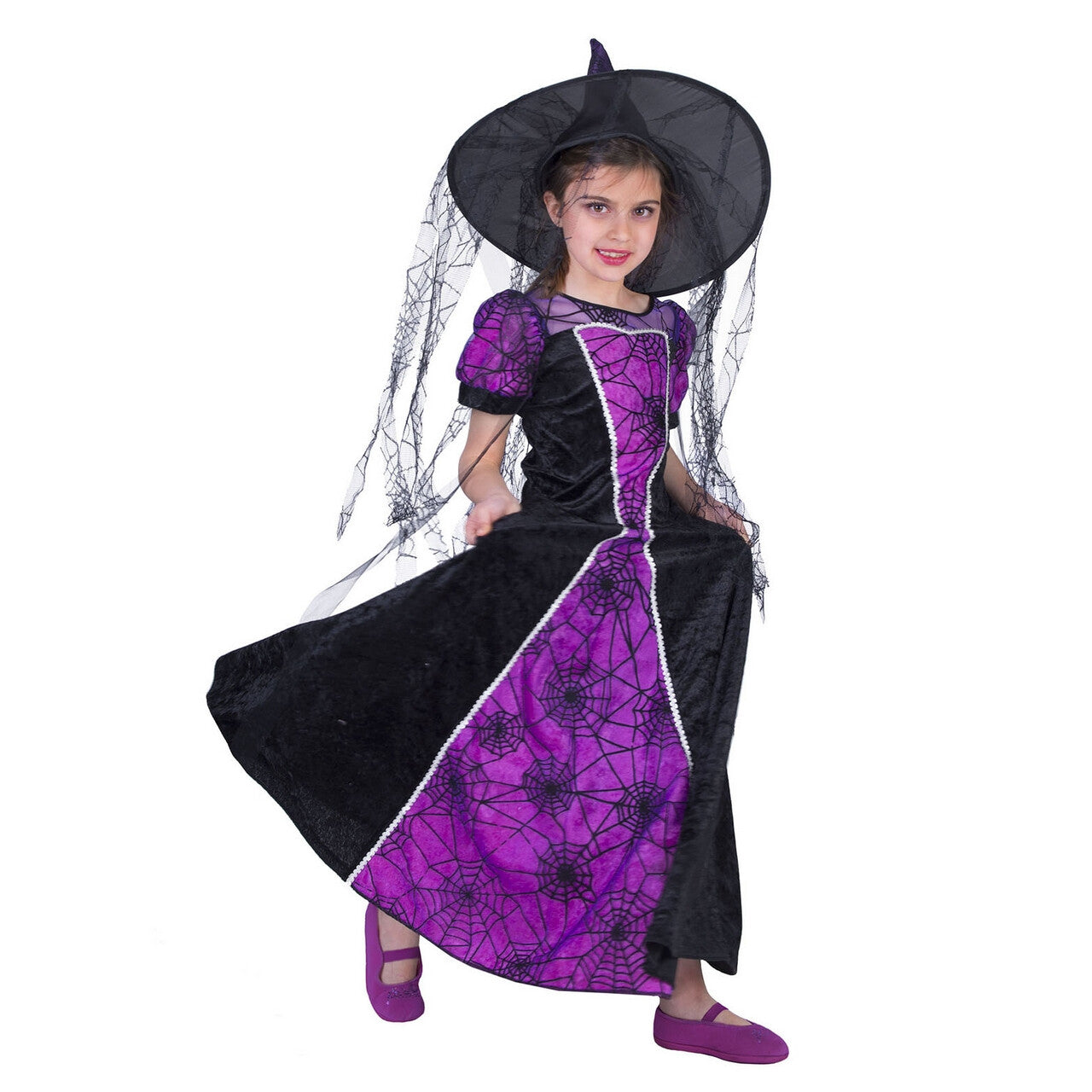 Op deze afbeelding zie je een Kostuums, van het merk Funny Fashion. Pimpel Paarse Spinnen Heks Meisje Kostuum