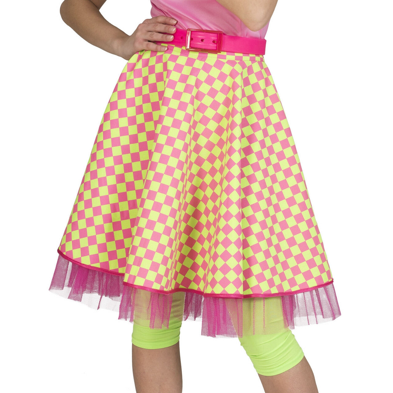 Op deze afbeelding zie je een Kostuums, van het merk Funny Fashion. Rockn Roll Rok Groen Roze Blokjes Vrouw