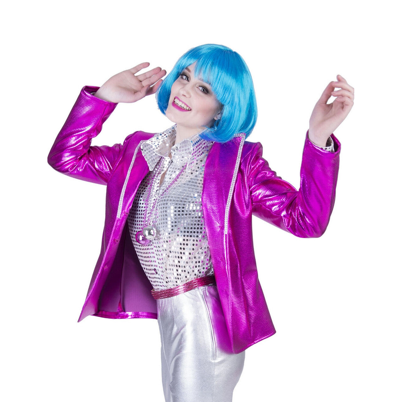 Op deze afbeelding zie je een Kostuums, van het merk Funny Fashion. Disco Fever Jack Glimmend Roze Vrouw