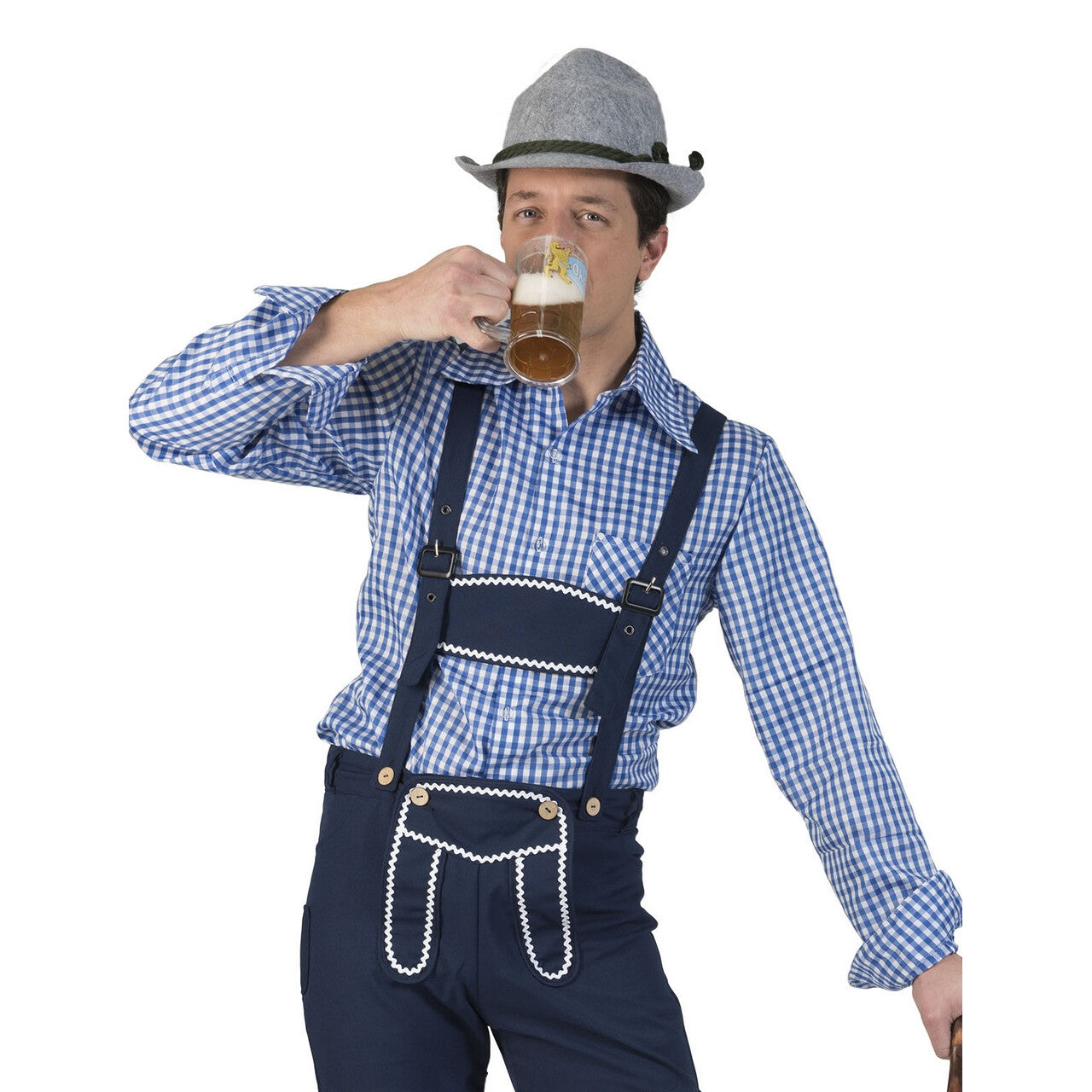 Op deze afbeelding zie je een Kostuums, van het merk Funny Fashion. Blauw Geruite Gunther Tirol Blouse Man