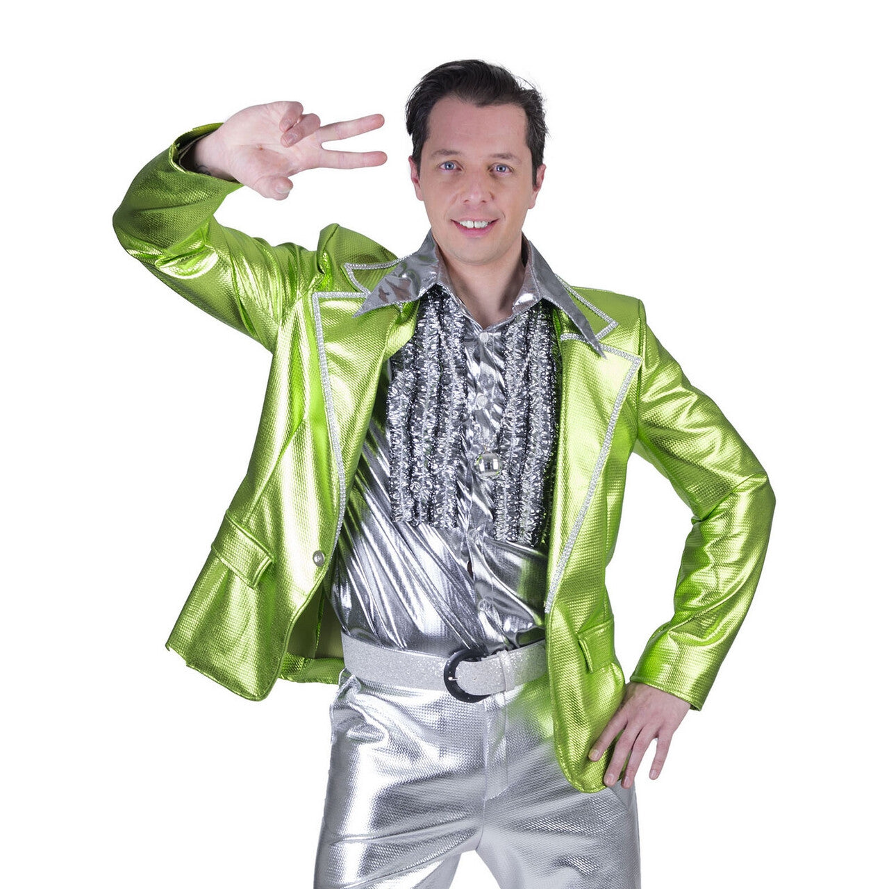 Op deze afbeelding zie je een Kostuums, van het merk Funny Fashion. Glanzend Groen Disco Godheid Colbert Man