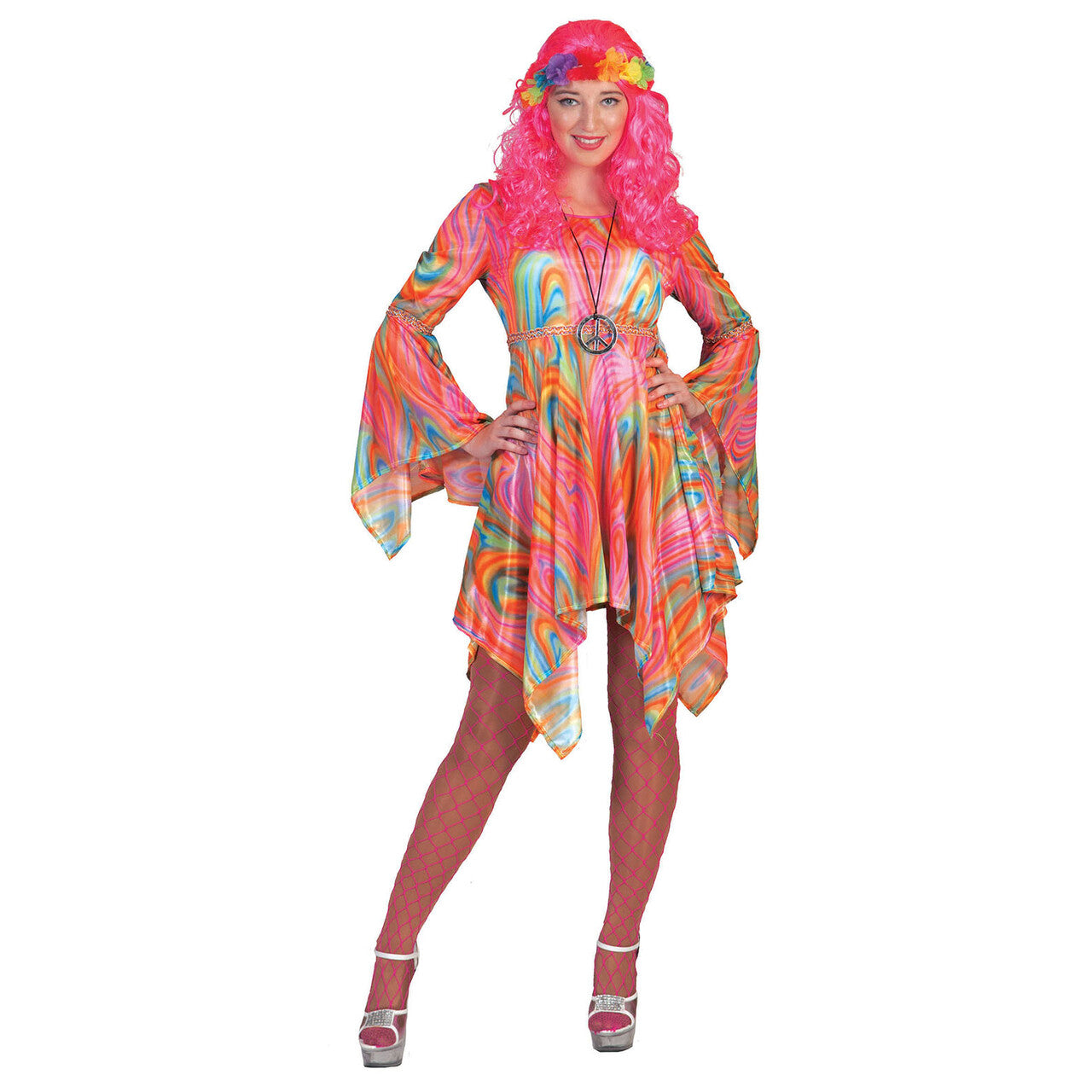 Op deze afbeelding zie je een Kostuums, van het merk Funny Fashion. Caleidoscopisch Psychedelisch Hippie Vrouw Kostuum