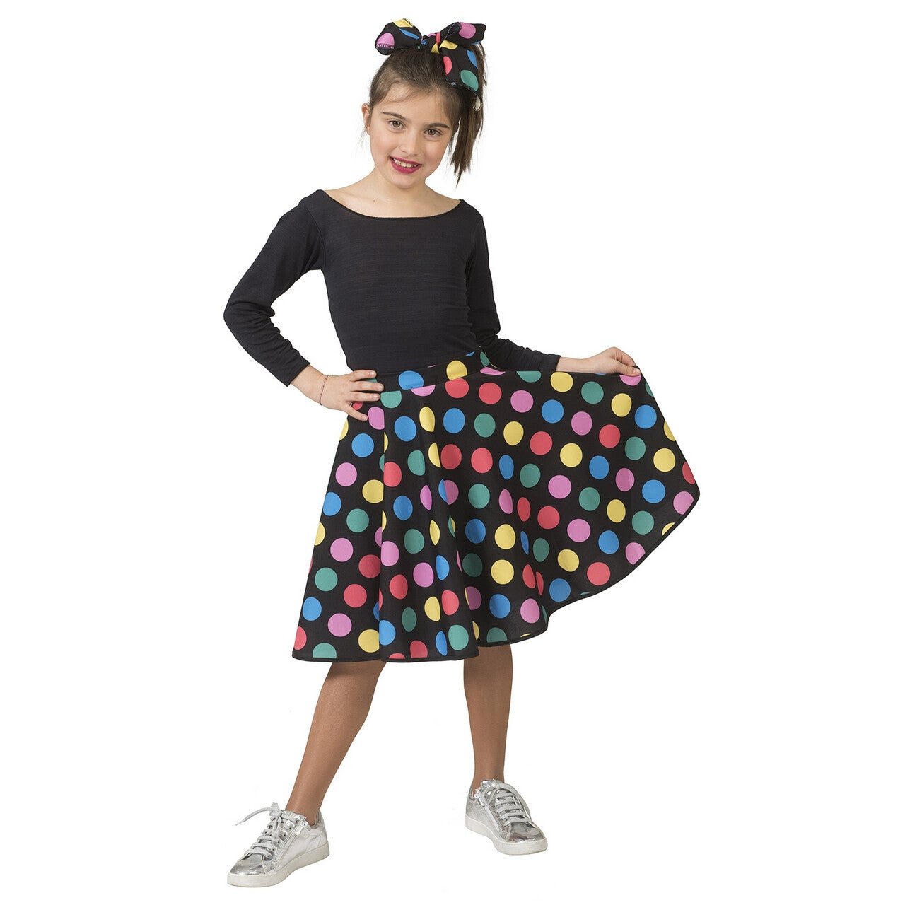 Op deze afbeelding zie je een Kostuums, van het merk Funny Fashion. Hotty Dotty Talloze Gekleurde Stippen Rock And Roll Clown Meisje