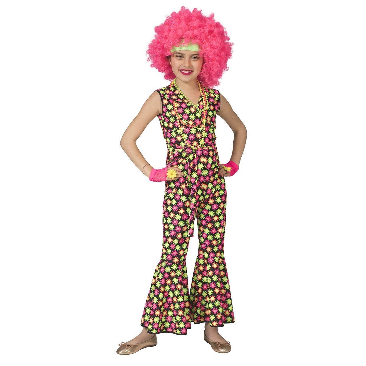 Op deze afbeelding zie je een Kostuums, van het merk Funny Fashion. Fluor Flower Power Goes Disco Meisje Kostuum