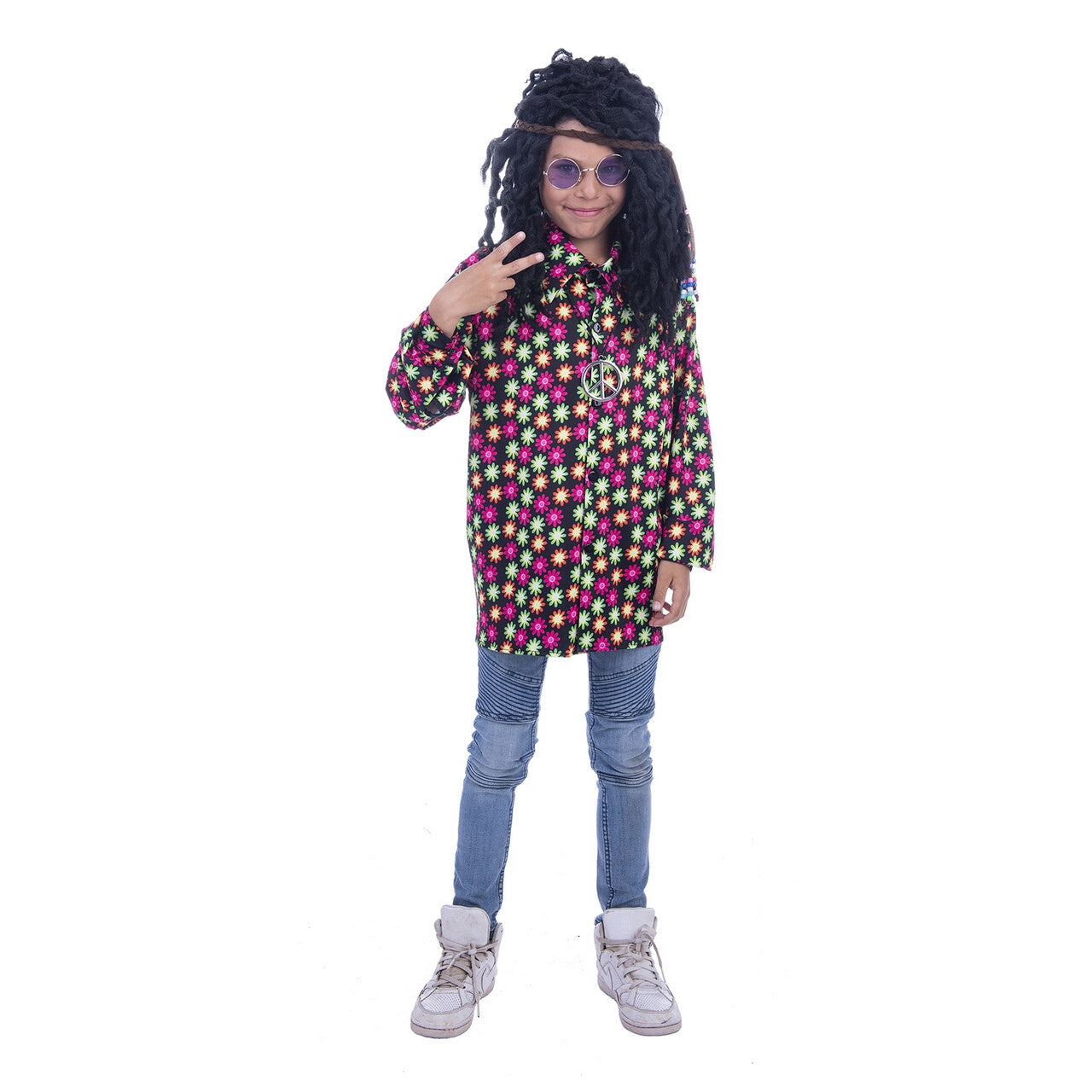 Op deze afbeelding zie je een Kostuums, van het merk Funny Fashion. Fluor Flower Power Goes Disco Shirt Kind