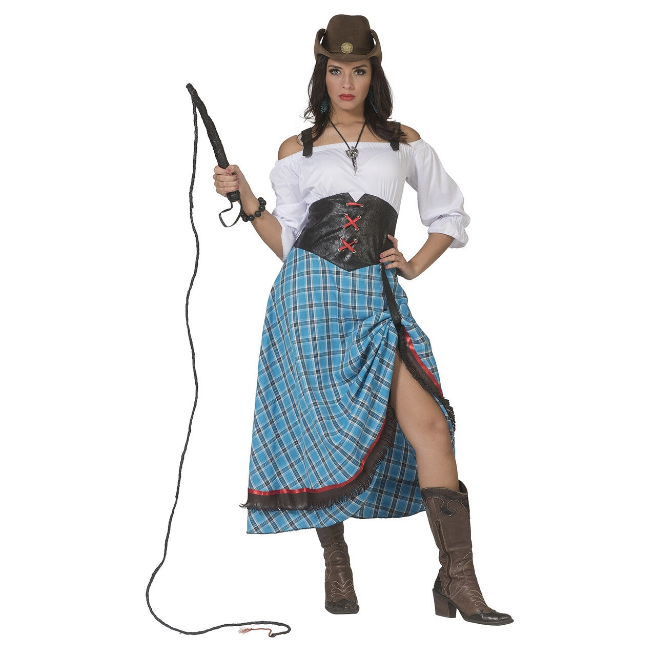 Op deze afbeelding zie je een Kostuums, van het merk Funny Fashion. Sexy Sue Split Saloon Cowgirl Vrouw Kostuum