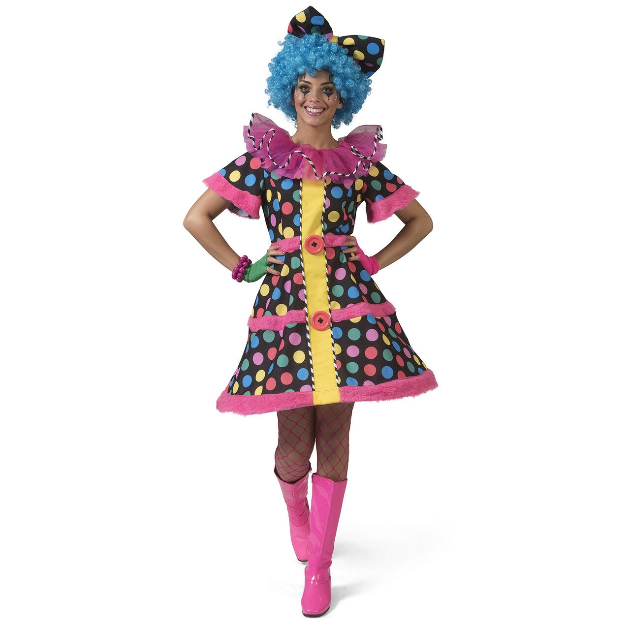 Op deze afbeelding zie je een Kostuums, van het merk Funny Fashion. Hotty Dotty Multicolor Regenboog Stippen Clown Vrouw Kostuum