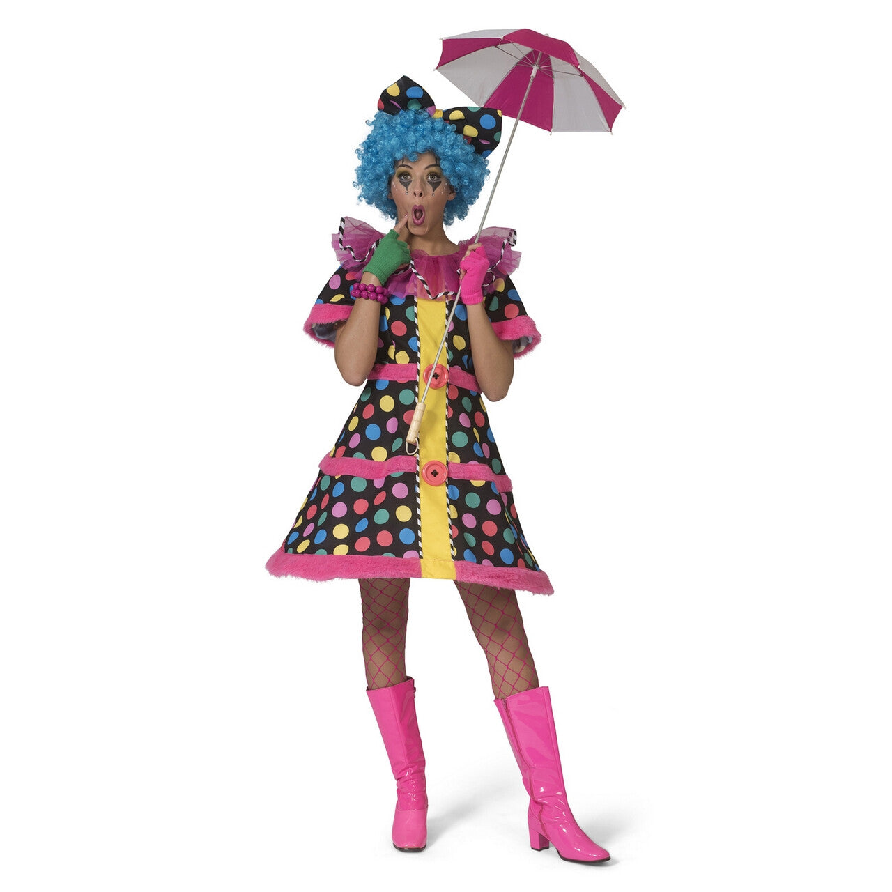 Op deze afbeelding zie je een Kostuums, van het merk Funny Fashion. Hotty Dotty Multicolor Regenboog Stippen Clown Vrouw Kostuum