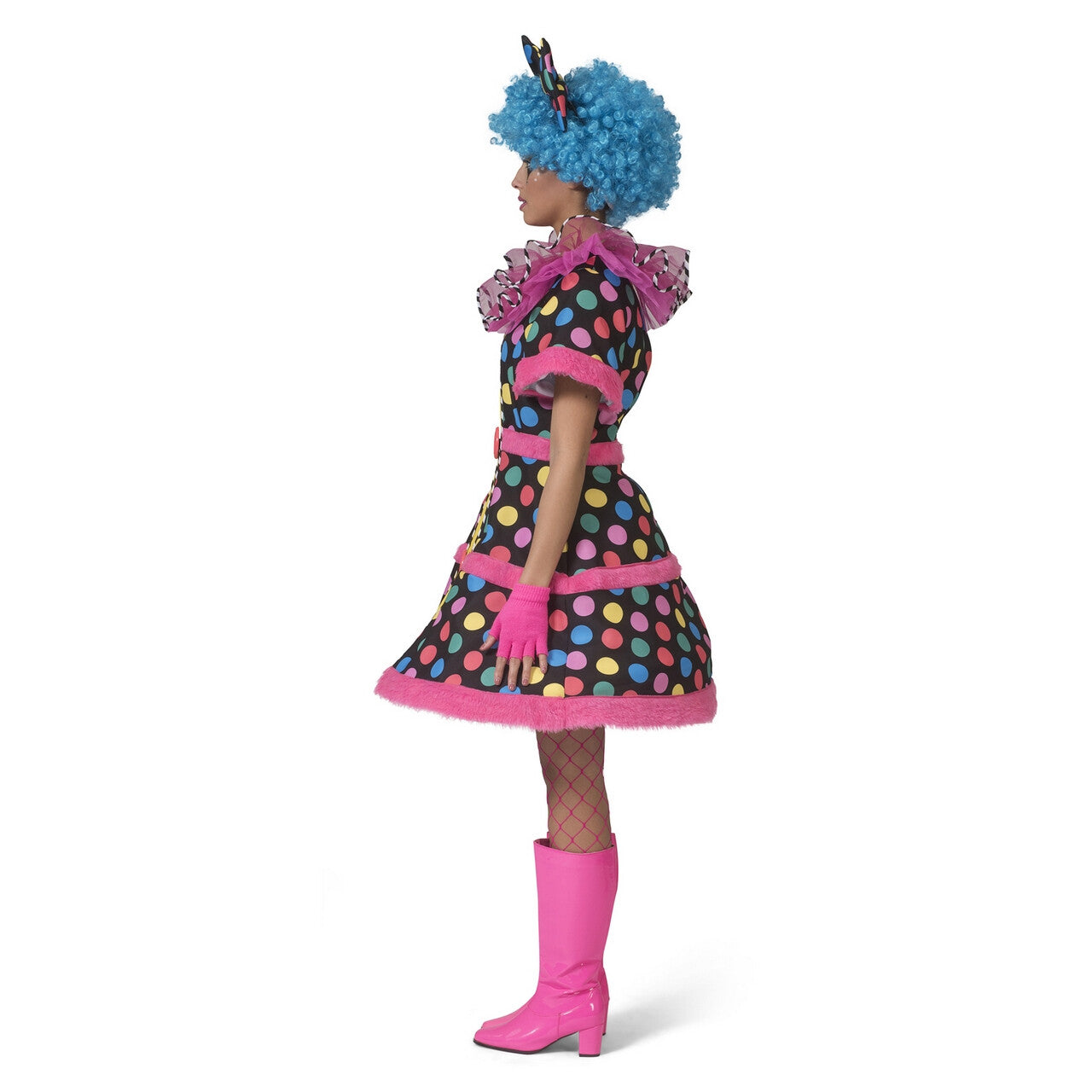Op deze afbeelding zie je een Kostuums, van het merk Funny Fashion. Hotty Dotty Multicolor Regenboog Stippen Clown Vrouw Kostuum