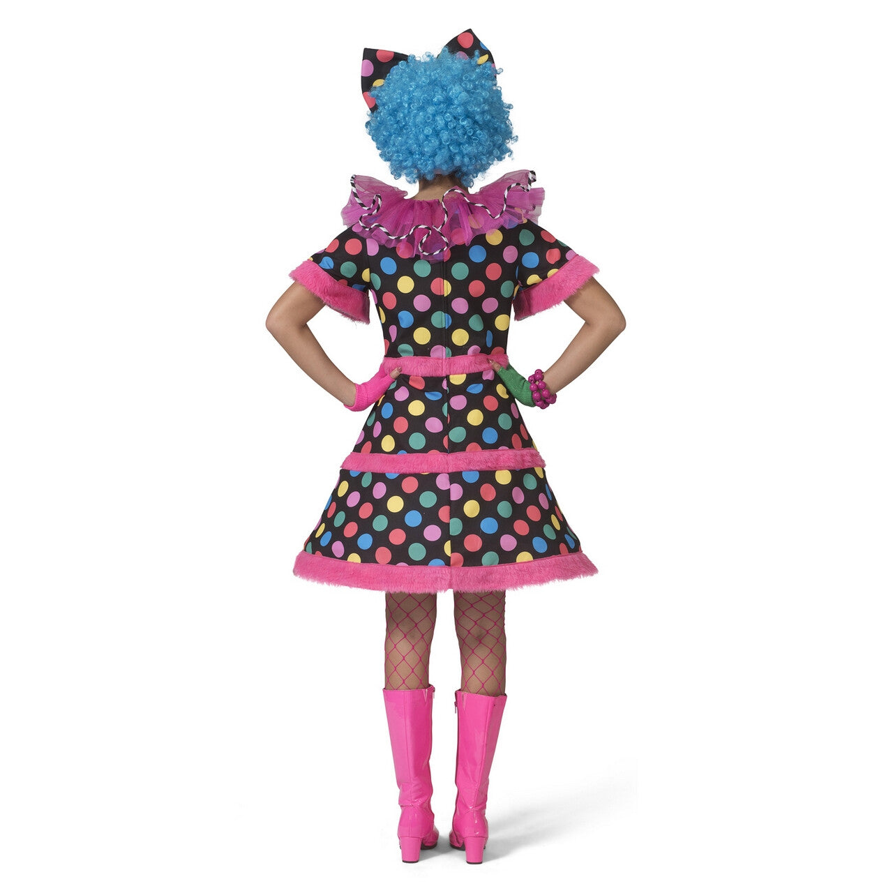 Op deze afbeelding zie je een Kostuums, van het merk Funny Fashion. Hotty Dotty Multicolor Regenboog Stippen Clown Vrouw Kostuum