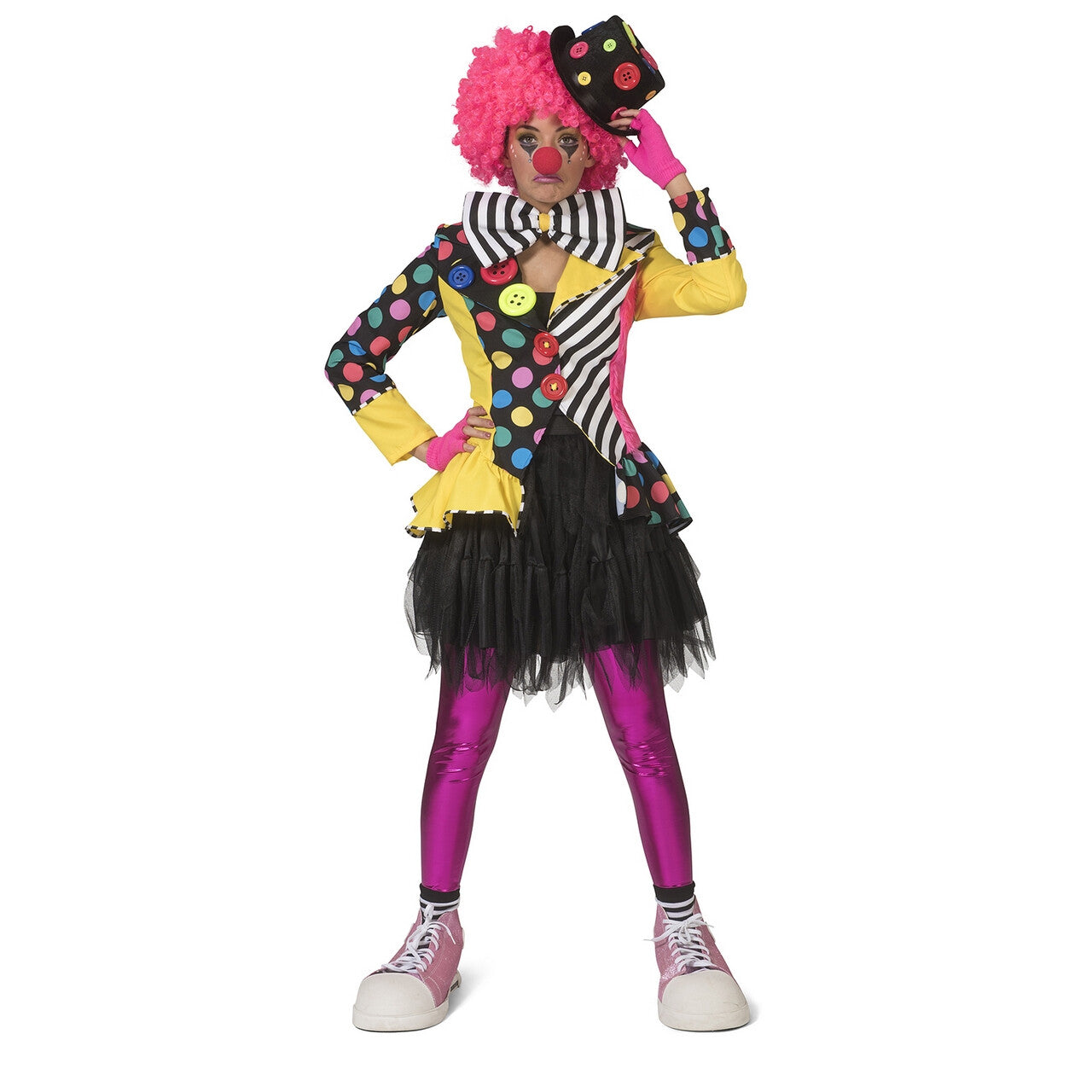Op deze afbeelding zie je een Kostuums, van het merk Funny Fashion. Enorme Knopen Jas Clown Augustina Vrouw
