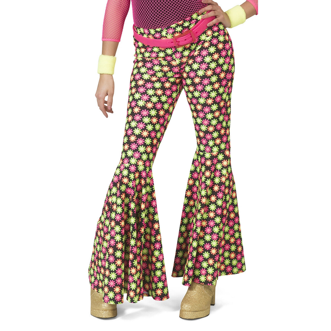 Op deze afbeelding zie je een Kostuums, van het merk Funny Fashion. Fluor Flower Power Goes Disco Broek Vrouw
