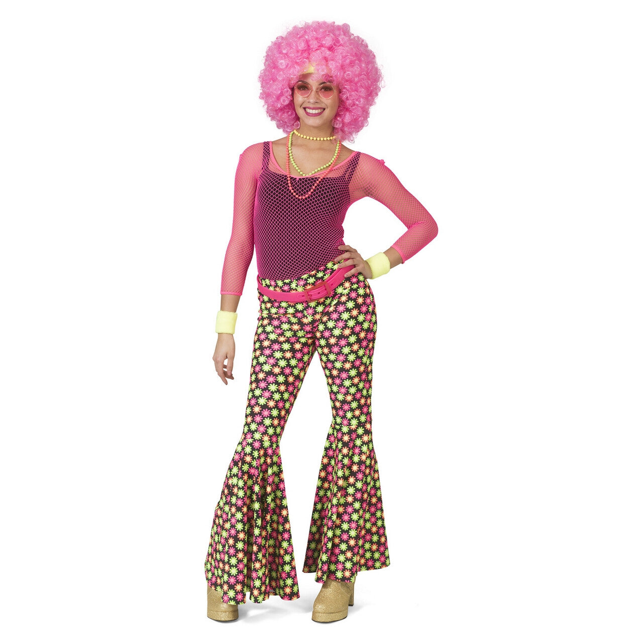 Op deze afbeelding zie je een Kostuums, van het merk Funny Fashion. Fluor Flower Power Goes Disco Broek Vrouw
