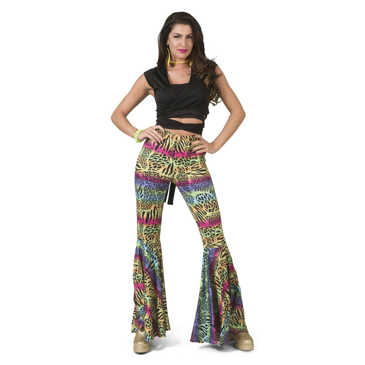 Op deze afbeelding zie je een Kostuums, van het merk Funny Fashion. Hippie Broek Kleurrijke Dieren Print Vrouw