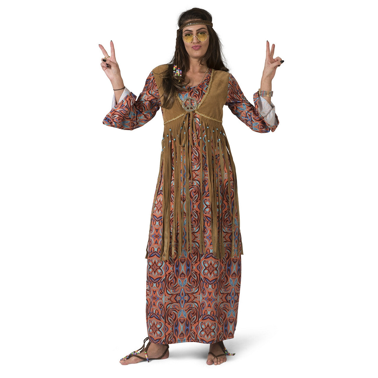 Op deze afbeelding zie je een Kostuums, van het merk Funny Fashion. Lange Hippie Happening Jaren 60 Vrouw Kostuum
